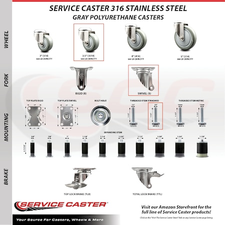 Service Caster 3.5 Inch 316SS Gray Polyurethane 3/8 Inch Threaded Stem Caster Lock Brake, 2PK SS316TSTTL20S3514-PPUB-381615-2-S2